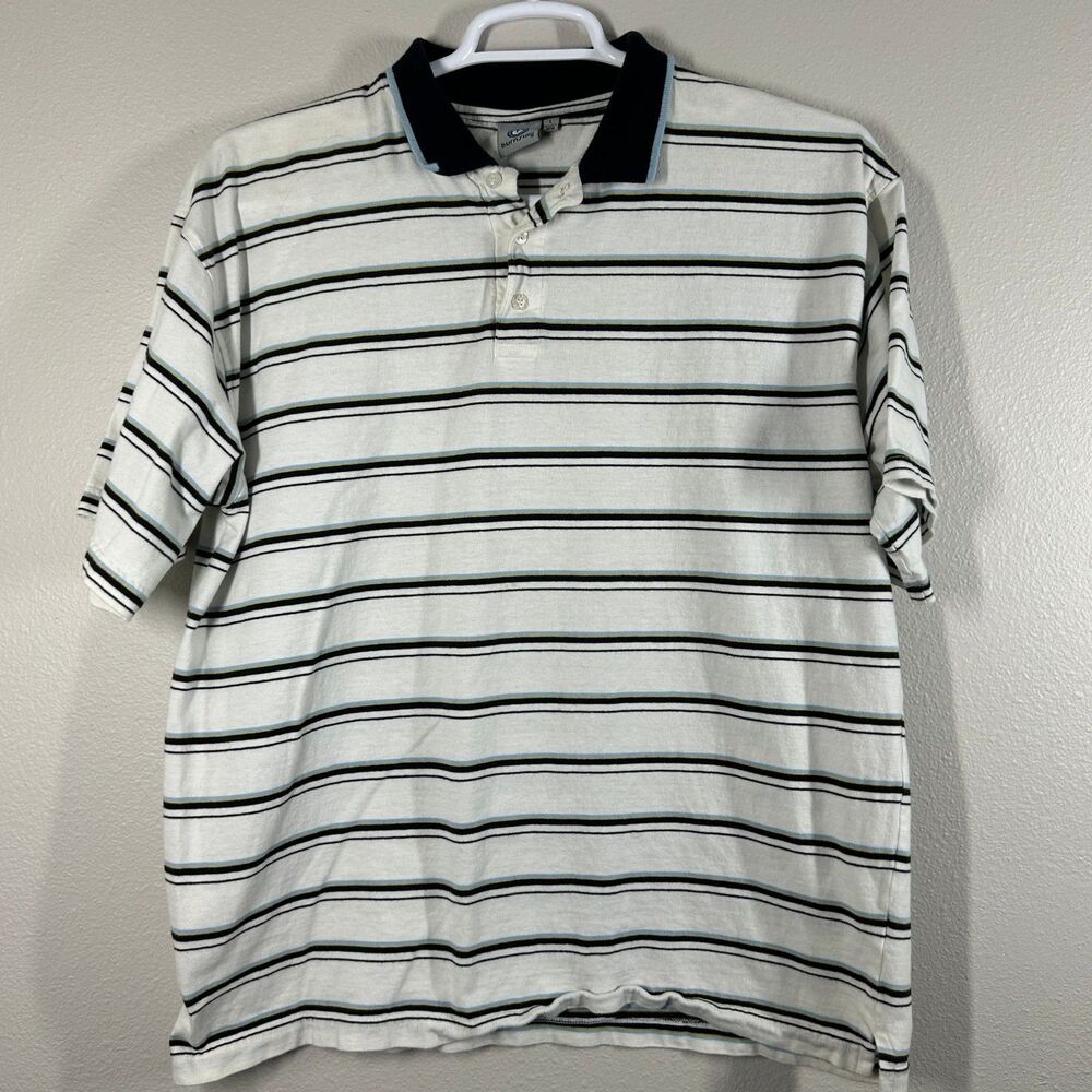 Burnside Polo Shirt Mens L White Black Blue Gold Striped Short Sleeve Collared